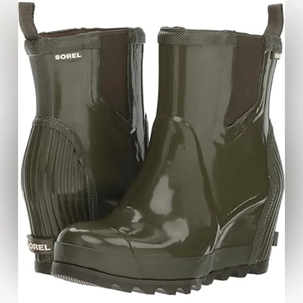 Sorel Joan Of Arctic Rain Wedge Rain Boots Chelsea Waterproof Green Rubber 11 - Picture 3 of 15